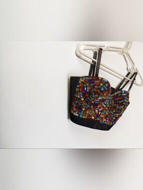 Embellished Black Crop Top/Bralette with Multicolor Gemstones Sparkly Crystals